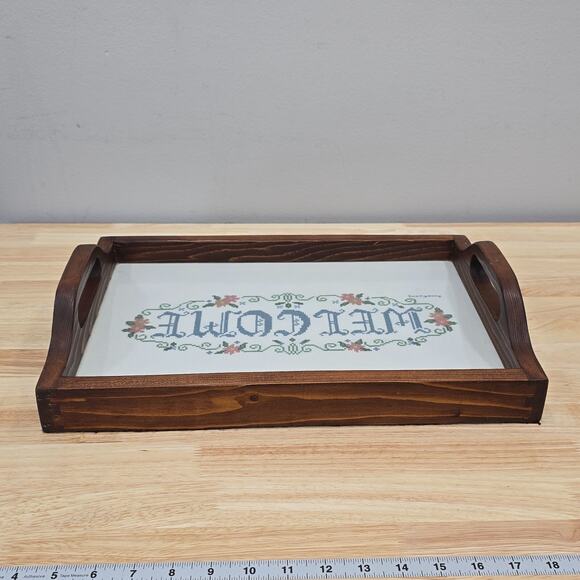 Cross Stitch "Welcome" Handmade Wooden Serving Tray 16x11 Shabby Cottagecore - Picture 8 of 13